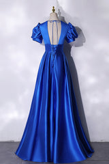 Blue V-Neck Satin Long Prom Dress, Simple Blue Evening Party Dress