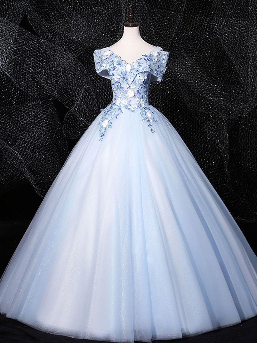 Blue V Neck Tulle Lace Long Formal Prom Dresses. Blue Sweet 16 Dresses