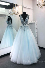 Blue v neck tulle lace long prom dress blue tulle formal dress