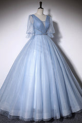 Blue V-Neck Tulle Long Prom Dress, A-Line Formal Evening Dress