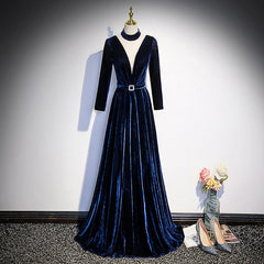 Blue Velvet Long Sleeves Floor Length Wedding Party Dress, Blue Formal Gown