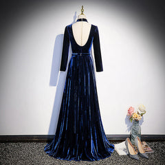 Blue Velvet Long Sleeves Floor Length Wedding Party Dress, Blue Formal Gown