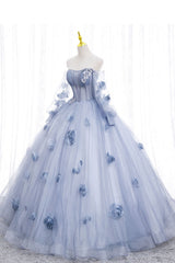 Blue Long Sleeves Tulle Prom Dress with Flowers, Puffy Off the Shoulder Quinceanera Dress