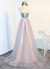 Blue Tulle Long Prom Dresses, A-Line Strapless Evening Dresses