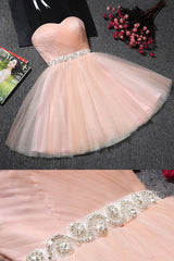 Blush Pink Tulle Strapless Sweetheart Neck Short Prom Dresses,Mini Homecoming Dress