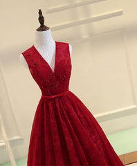 Burgundy V Neck Lace Long Prom Dress, Burgundy Evening Dress