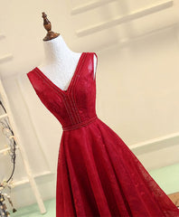 Burgundy V Neck Lace Long Prom Gown Burgundy Evening Dress