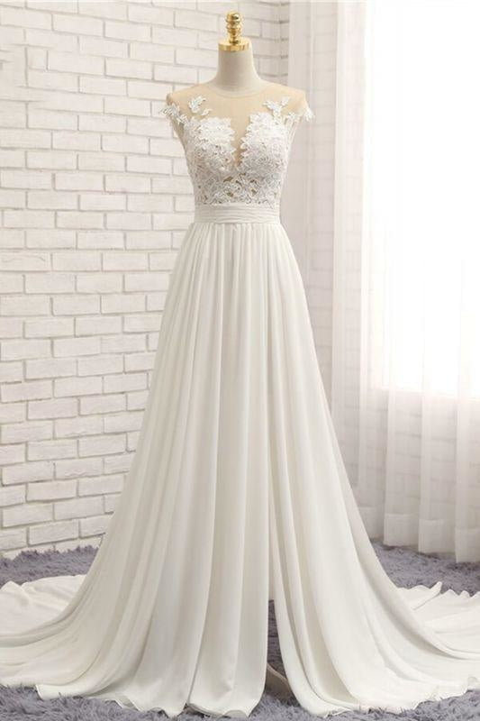 Front Slit Appliques Chiffon A-line Wedding Dress