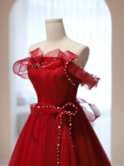 Burgundy A-Line Tulle Long Prom Dress, Burgundy Tulle Formal Dress