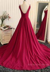 Burgundy A Line V Neck Sweep Train Open Back Satin Long Prom Dress, V Neck Burgundy Formal Dress, Backless Evening Dress