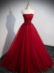 Burgundy Aline Tulle Beads Long Prom Dress, Burgundy Formal Dresses