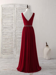 Burgundy Chiffon V Neck Beads Long Prom Dress Burgundy Evening Dress