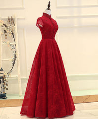 Burgundy High Low Lace Long Prom Dress, Burgundy Evening Dress