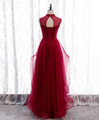 Burgundy High Neck Tulle Sequin Beads Long Evening Dresses