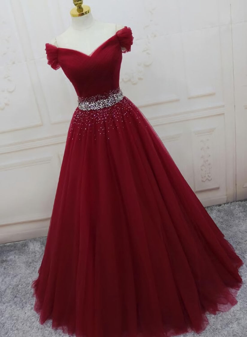 Burgundy Long Tulle Off Shoulder Prom Dress , Junior Prom Dresses