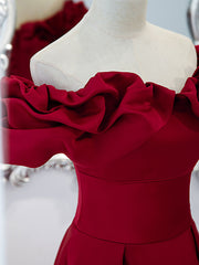 Burgundy Off Shoulder Satin Long Prom Dress, Burgundy Formal Evening Dress