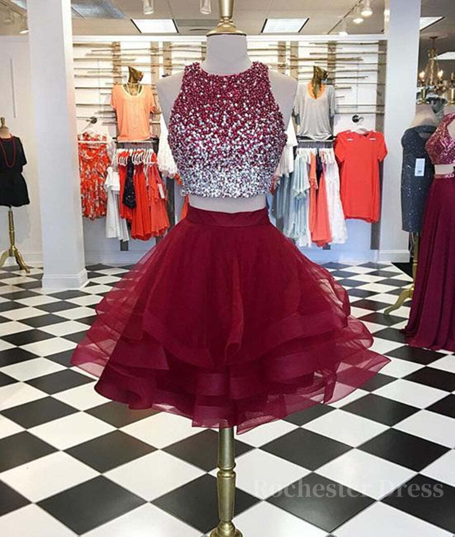 Burgundy Round Neck 2 Pieces Sequins Tulle Short Prom Dress, 2 Pieces Burgundy Homecoming Dress, Graudation Dress