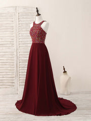 Burgundy Round Neck Chiffon Beads Long Prom Dress