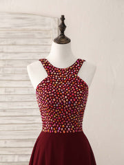 Burgundy Round Neck Chiffon Beads Long Prom Dress