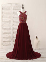 Burgundy Round Neck Chiffon Beads Long Prom Dress