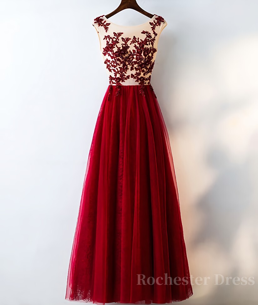 Burgundy round neck tulle lace long prom dress, bridesmaid dress