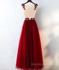 Burgundy round neck tulle lace long prom dress, bridesmaid dress