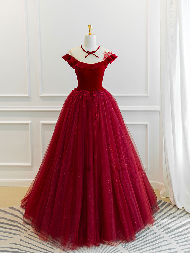 Burgundy Round Neck Tulle Lace Long Prom Dress, Burgundy Evening Dress