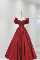 Burgundy Satin Long Prom Dress, A-Line Short Sleeve Evening Dress