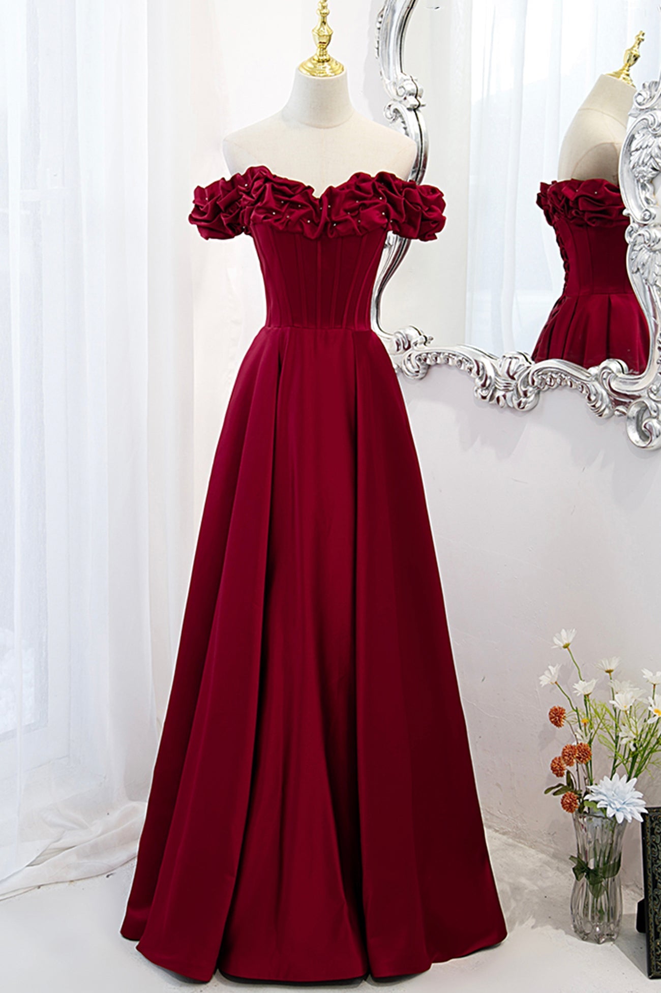 Burgundy Satin Off the Shoulder Beaded Long Formal Dress, Burgundy A-Line Prom Dress