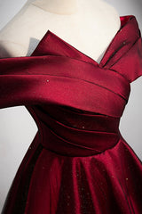 Burgundy Satin Off the Shoulder Prom Dress, A-Line Evening Graduation Dress