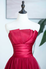 Burgundy Satin Tulle Long Prom Dress, A-Line Strapless Evening Dress