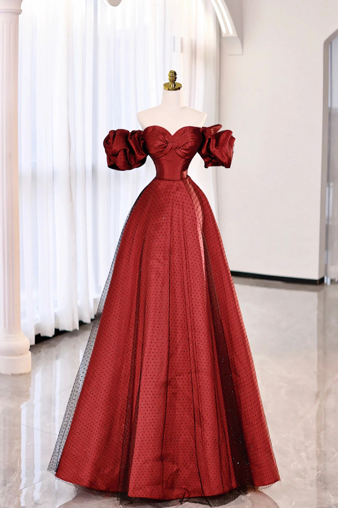 Burgundy Satin Tulle Long Prom Dress, Off the Shoulder Evening Party Dress