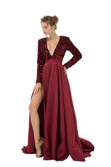 Sequined Satin A Line Front Slit V Neck Full Sleeve Sweep Train Long Prom Dresses