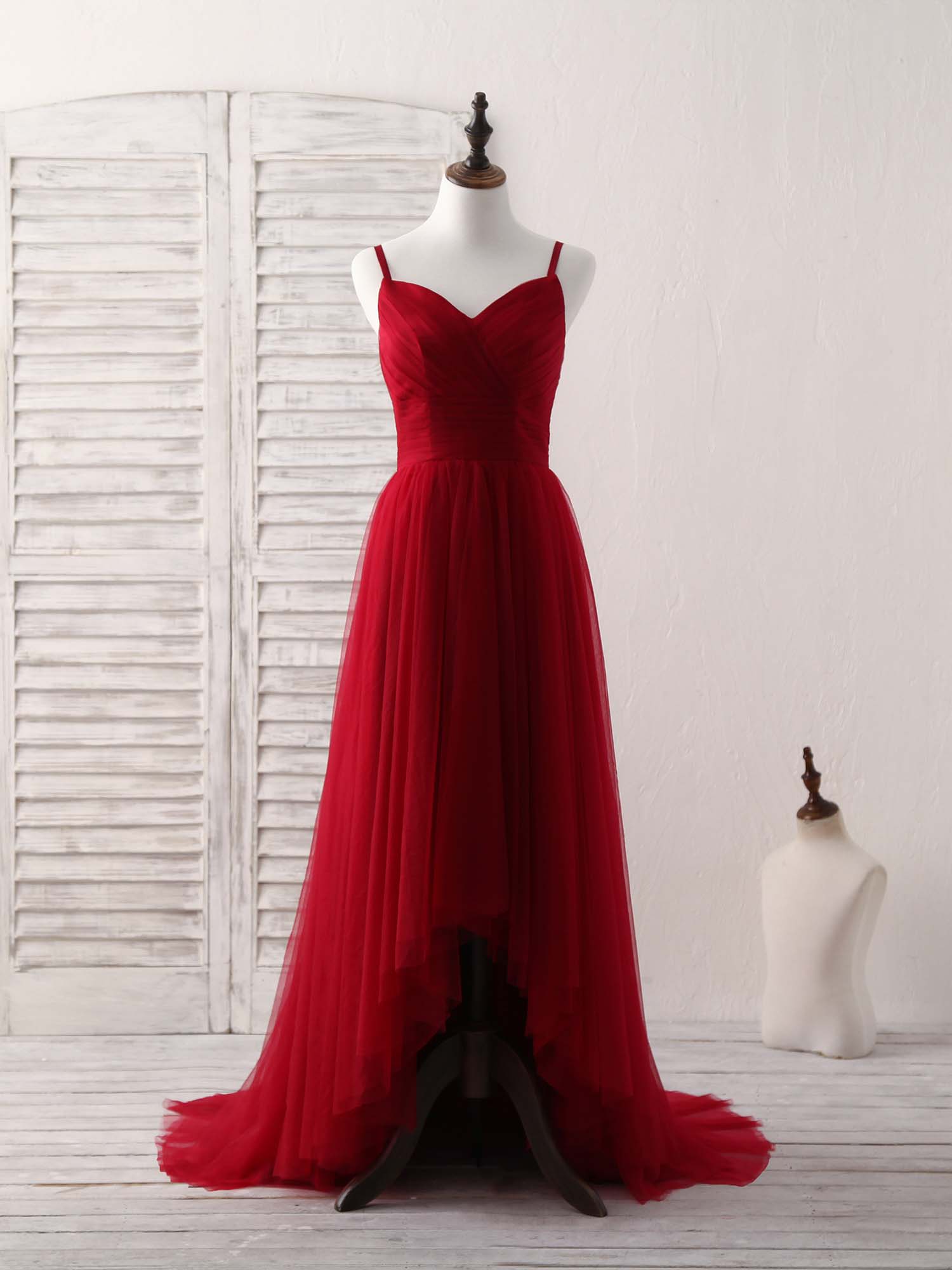 Burgundy Sweetheart Neck Tulle High Low Prom Dress, Burgundy Formal Dress