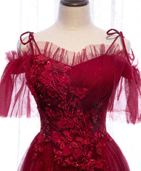 Burgundy Sweetheart Tulle Lace Long Prom Dress Burgundy Formal Dress