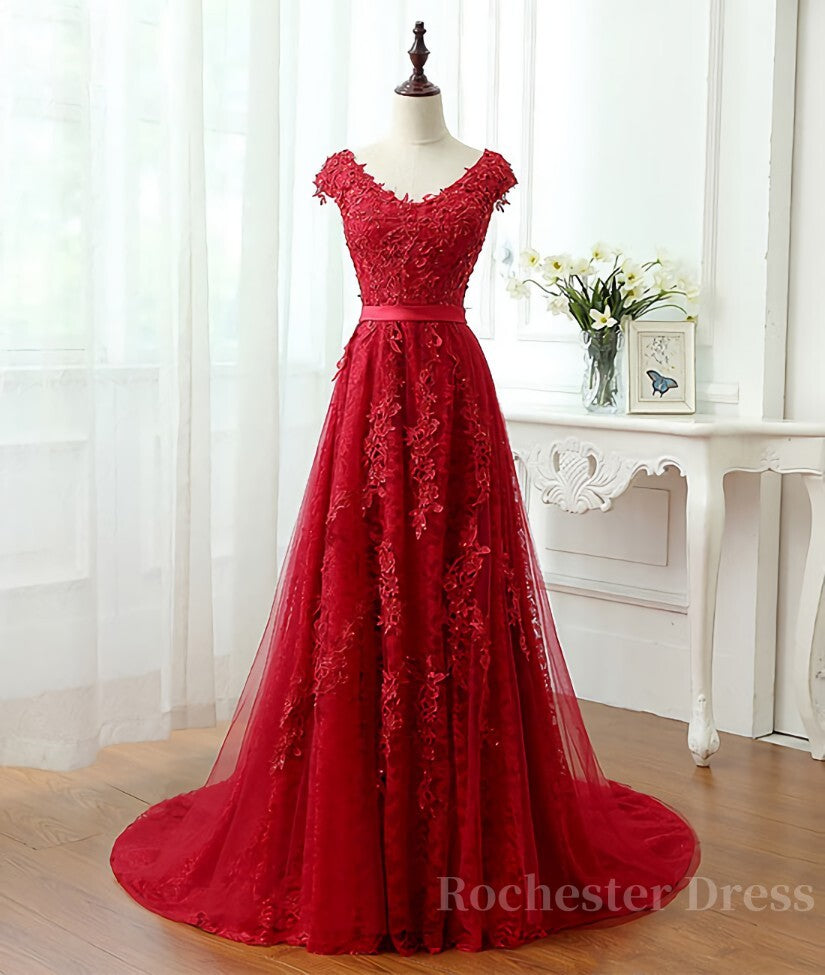 Burgundy tulle lace applique long prom dress, burgundy evening dress