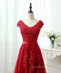 Burgundy tulle lace applique long prom dress, burgundy evening dress