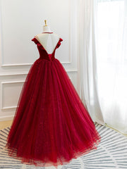 Burgundy tulle lace long prom dress, burgundy tulle evening dress