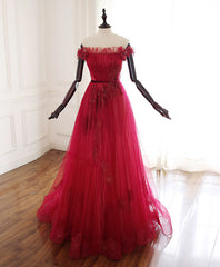 Burgundy Tulle Lace Long Prom Dress Burgundy Tulle Lace Evening Dress