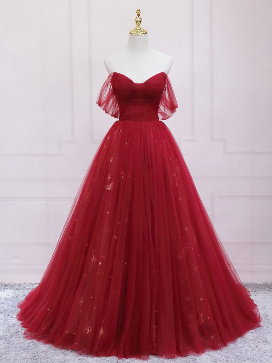 Burgundy Tulle Long Prom Dress, Burgundy Evening Dress