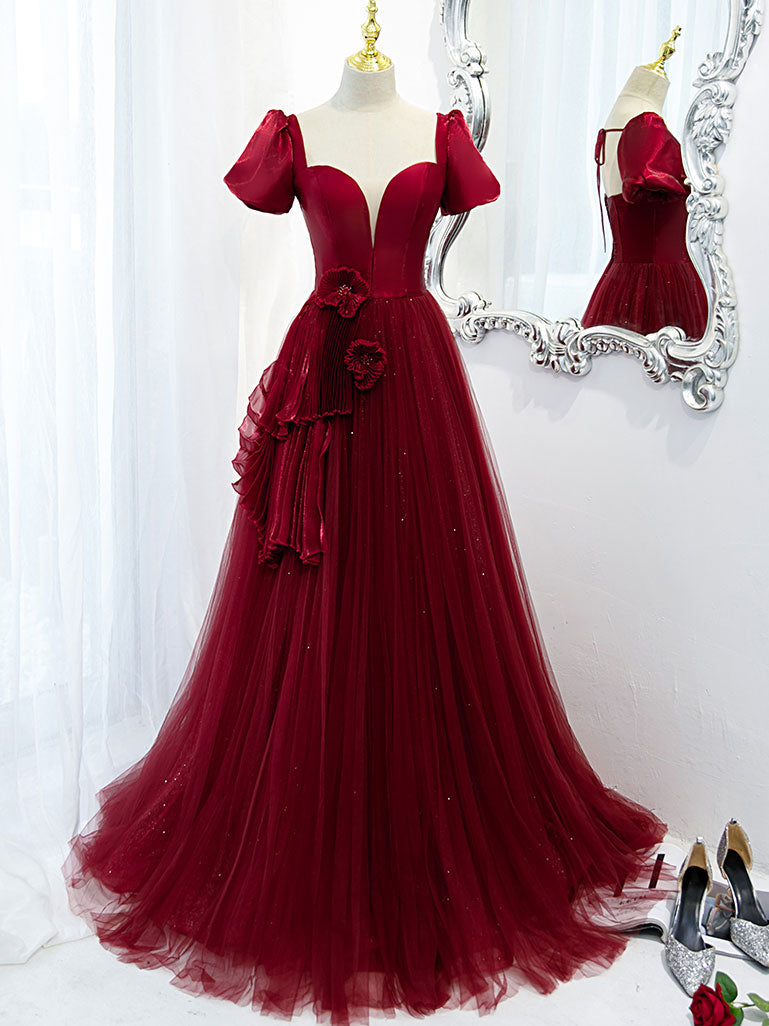 Burgundy Tulle Long Prom Dress, Burgundy Tulle Evening Dress