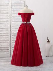 Burgundy Tulle Sweetheart Neck Long Prom Dress, Burgundy Evening Dress