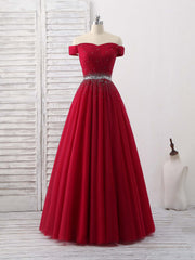 Burgundy Tulle Sweetheart Neck Long Prom Dress, Burgundy Evening Dress