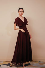 Burgundy V-Neck Chiffon A Line Long Prom Dresses