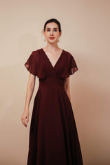 Burgundy V-Neck Chiffon A Line Long Prom Dresses