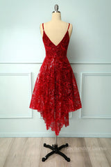 Burgundy v neck lace high low prom dress lace formal dress