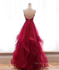 Burgundy v neck tulle long prom dress, burgundy evening dress