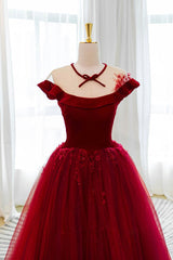 Burgundy Velvet Long A-Line Prom Dress, Burgundy Formal Evening Dress