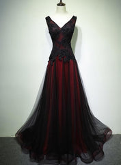 Gorgeous Black And Red V Neckline Tulle Beaded Prom Dress, Long Evening Gown