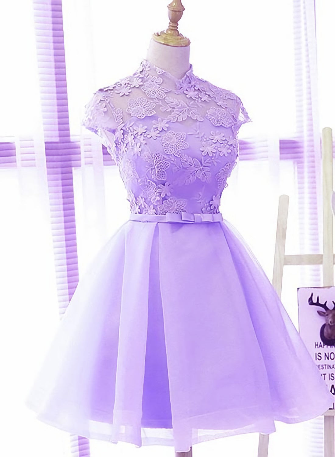 Cute High Neckline Lavender Short Graduation Dress, Homecoming Dress